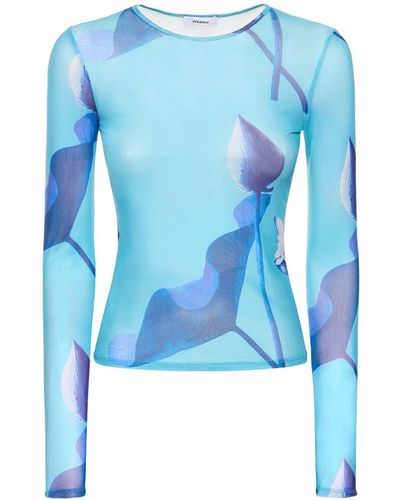 Miaou T-shirt en mesh imprimé à manches longues - Bleu