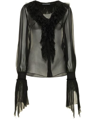 Alberta Ferretti Ruffled Silk Chiffon Shirt - Black