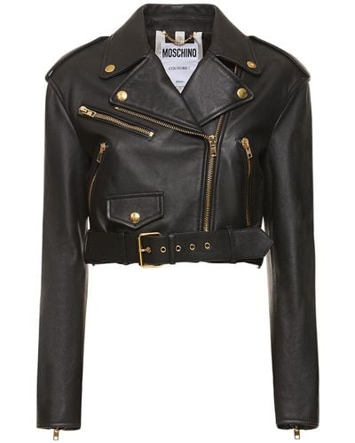 Moschino Belted Leather Cropped Logo Jacket - Black
