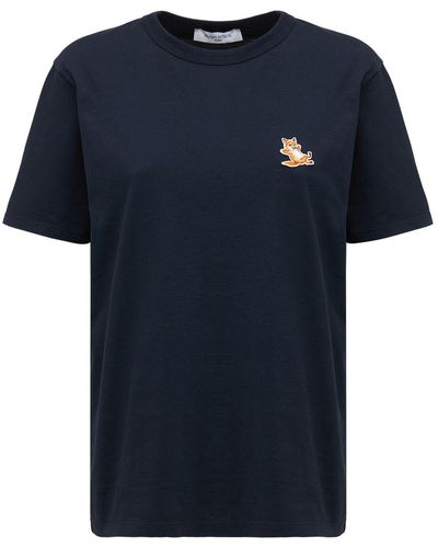 Maison Kitsuné T-shirt Aus Baumwolle Mit Logopatch "chillax Fox" - Blau