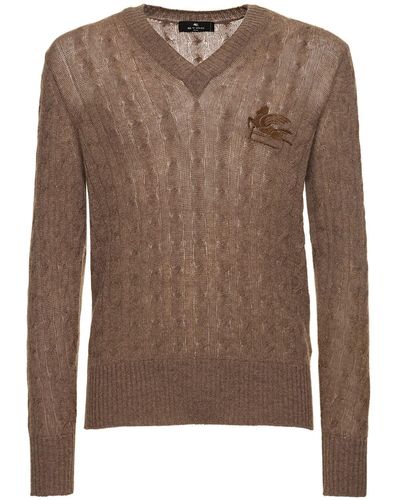 Etro V Neck Cashmere Logo Knitwear - Brown