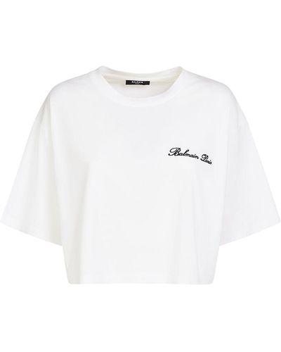Balmain Signature Logo Cotton Crop T-Shirt - White