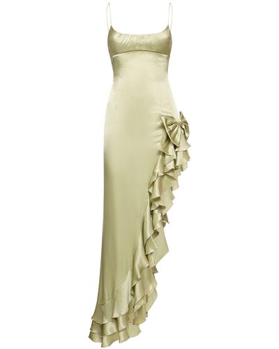 Alessandra Rich Silk Satin Long Dress W/ Side Ruffle - Metallic