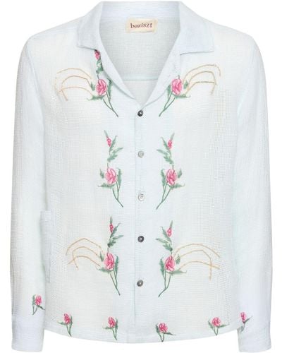 BAZISZT Flower Embroidered Linen Shirt - White