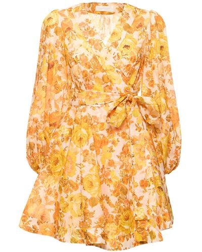 Zimmermann Raie Printed Cotton Wrap Mini Dress - Yellow