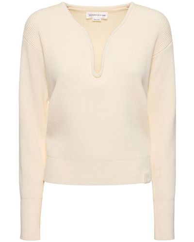 Victoria Beckham V Neck Cotton & Silk Knit Sweater - Natural