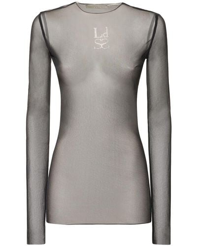 Ludovic de Saint Sernin Crystal Logo Sheer Mesh Long Sleeve Top - Gray