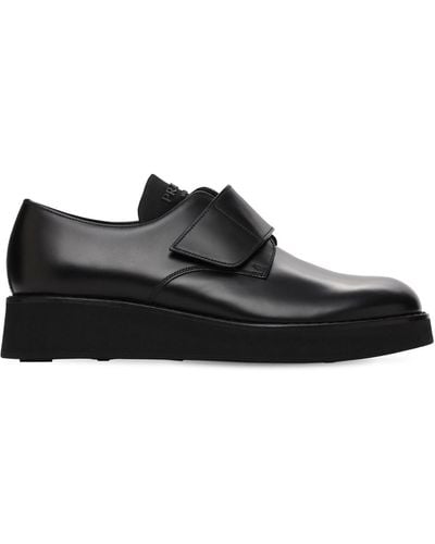 Prada Brushed Leather Derby Shoes W/ Strap - Black