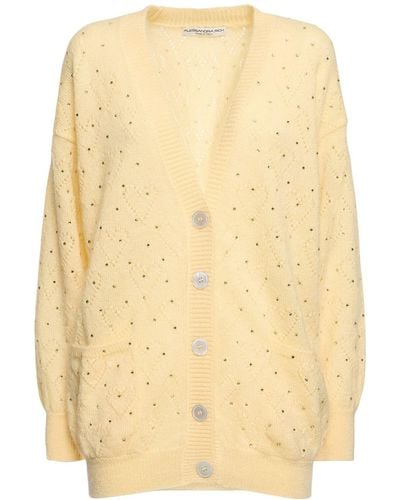 Alessandra Rich Knitted Mohair Long Cardigan W/ Crystals - Natural