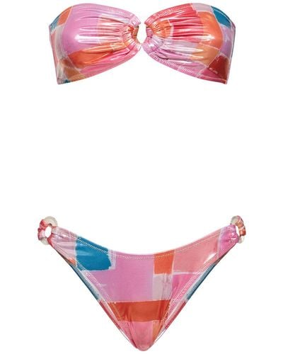 Reina Olga Bandcamp Printed Bandeau Bikini Set - Pink