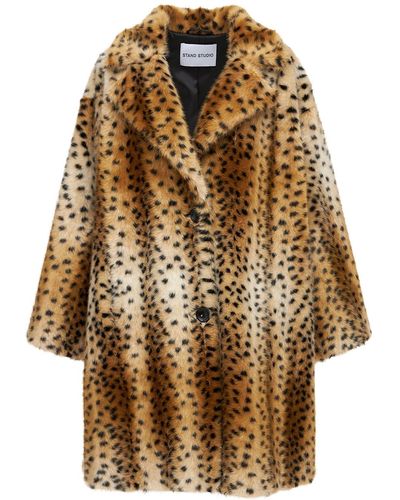 Stand Studio Minna Leopard Printed Lush Faux Fur Coat - Natural