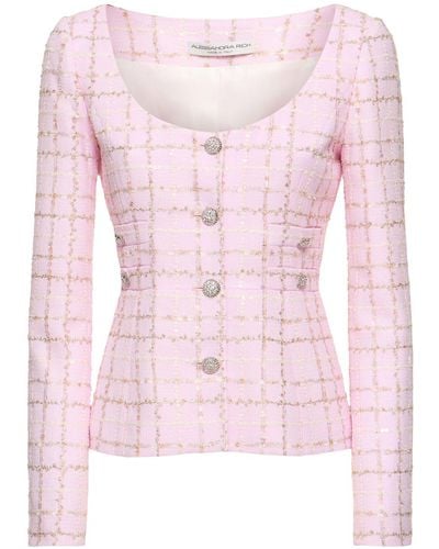 Alessandra Rich Sequined Checked Tweed Round Neck Jacket - Pink