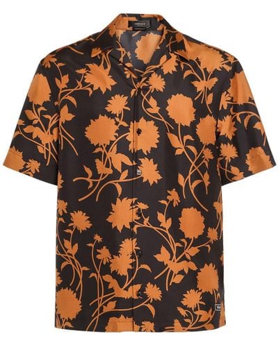Versace Flower Print Silk Short Sleeve Shirt - Orange