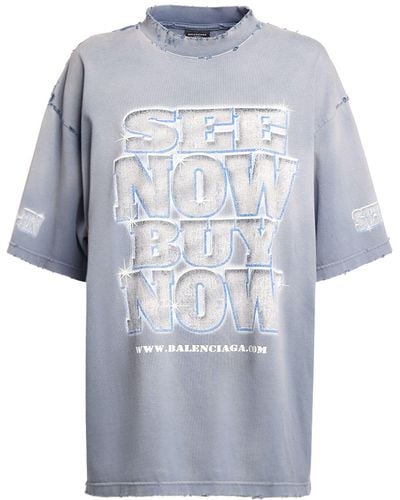 Balenciaga Bedrucktes T-shirt Aus Baumwolle - Blau