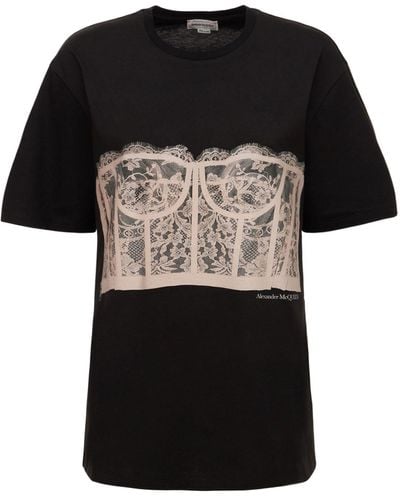 Alexander McQueen Lace Bustier Cotton Jersey T-Shirt - Black