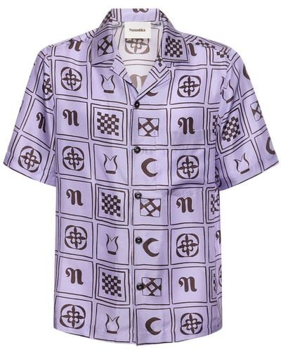 Nanushka Printed Silk Twill S/S Bowling Shirt - Purple