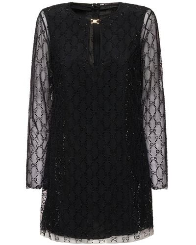 Gucci Crystal Gg Tulle Short Dress - Black
