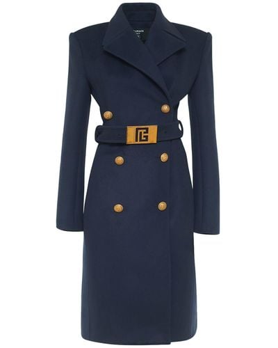 Balmain Double Breasted Wool Midi Coat W/Belt - Blue