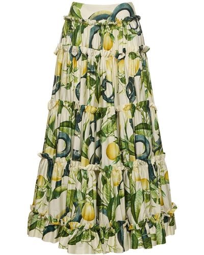 Roberto Cavalli Cotton Printed Mid Rise Long Skirt - Green