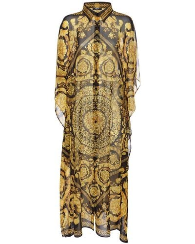 Versace Barocco Print Long Chiffon Kaftan Dress - Metallic