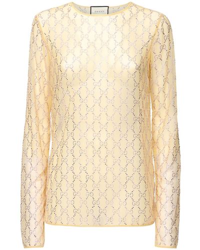 Gucci Crystal Embroidered Sheer Tulle Top - Natural