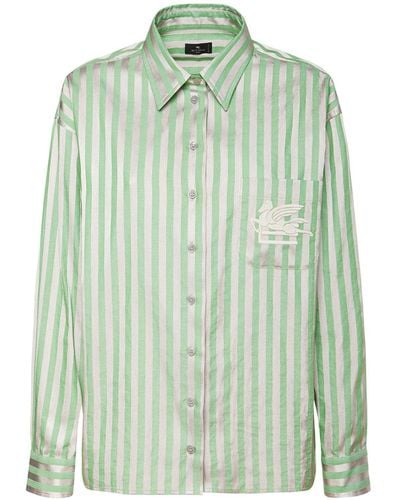 Etro Logo Cotton Satin Striped Oxford Shirt - Green