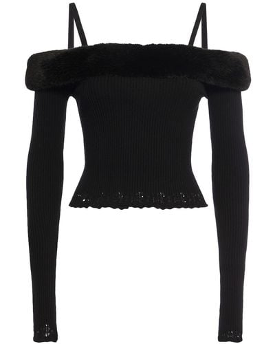 Blumarine Off-The-Shoulder Faux Fur Knit Top - Black