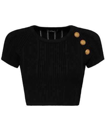 Balmain Knitted Cropped Top With Embossed Buttons - Black