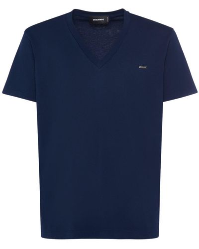 DSquared² T-shirt col en v en jersey de coton à logo - Bleu
