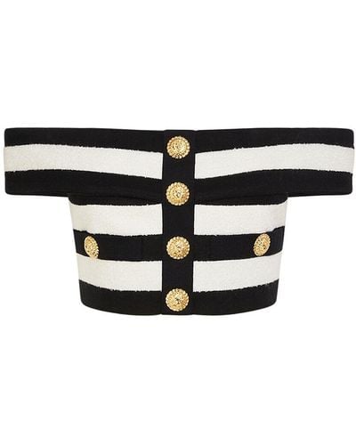 Balmain Striped Cotton Blend Off-Shoulder Top - Black