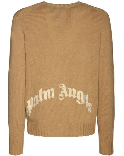 Palm Angels Curved Logo Wool Blend Knit Sweater - Brown