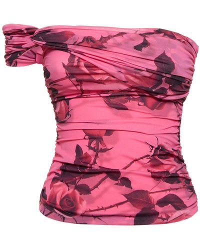 Blumarine Rose Printed Jersey One Shoulder Top - Pink