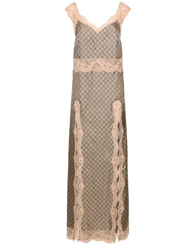 Gucci Lace-trimmed Printed Silk-twill Maxi Dress - Natural