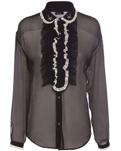 DSquared² Frilled Silk Chiffon Long Sleeve Shirt - Black