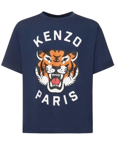 KENZO Tiger Print Cotton Jersey T-Shirt - Blue