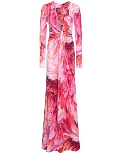 Roberto Cavalli Printed Lycra Long Dress W/Knot - Pink