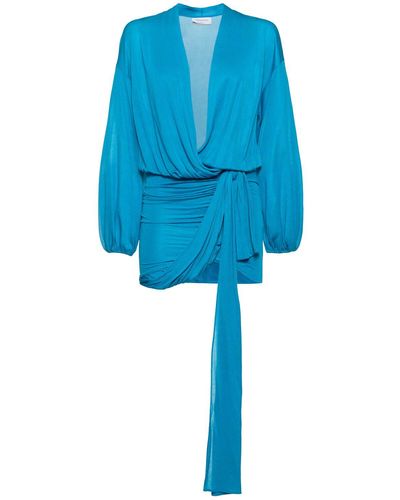 Blumarine Draped Viscose Jersey Mini Dress W/Bow - Blue