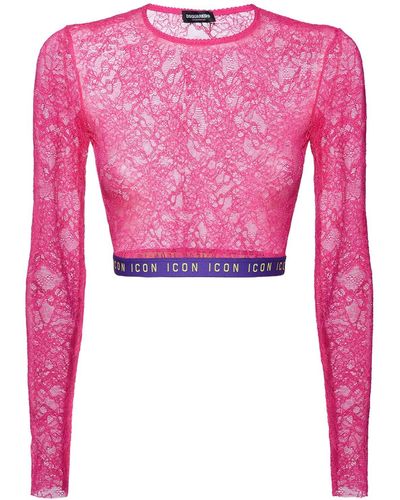 DSquared² Long Sleeve Lace Crop Top W/ Logo Band - Pink