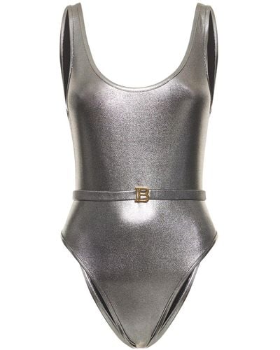 Balmain Belted Metallic One Piece Swimsuit - Grey
