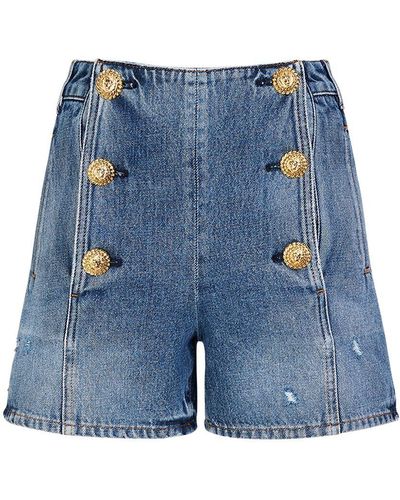 Balmain 6-Button High Waist Denim Shorts - Blue