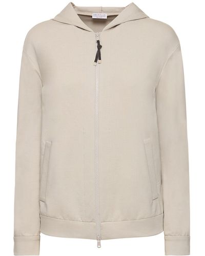 Brunello Cucinelli Sweat-shirt zippé en jersey de coton à capuche - Neutre