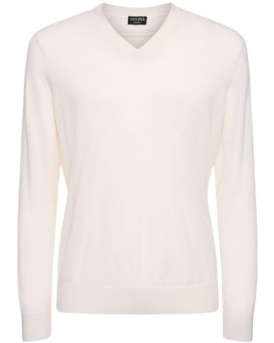 Zegna Cashmere & Silk V Neck Sweater - White