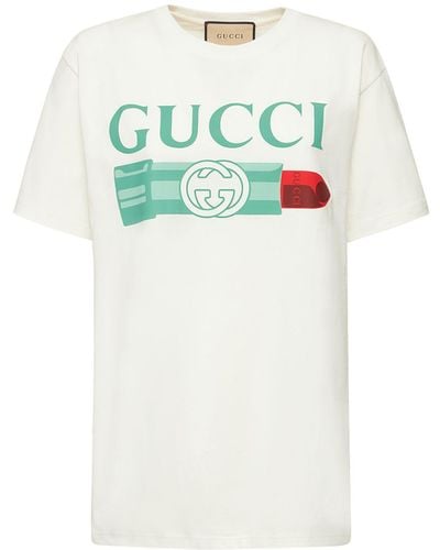 Gucci Camiseta de Algodón con Barra de Labios - Blanco