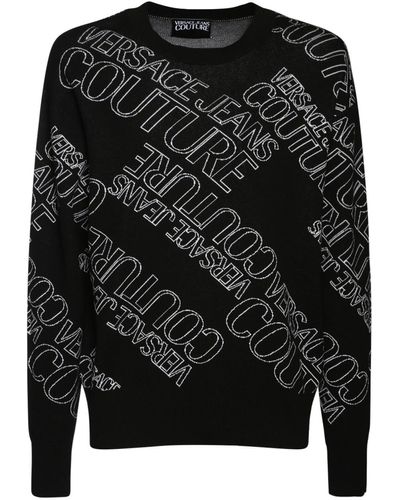 Versace All Over Logo Cotton Knit Sweater - Black