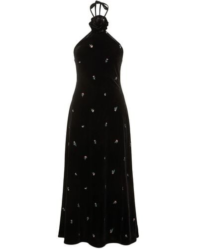 WeWoreWhat Embroidered Velvet Halterneck Midi Dress - Black