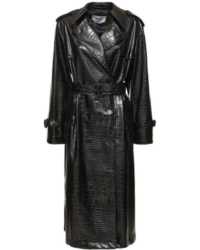 MSGM Croc Embossed Faux Leather Trench Coat - Black