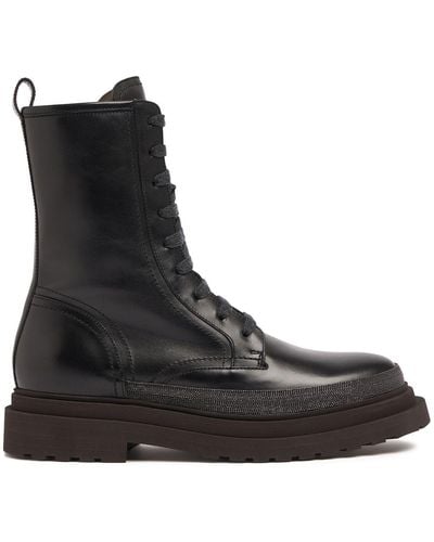 Brunello Cucinelli 30Mm Leather & Crystal Combat Boots - Black