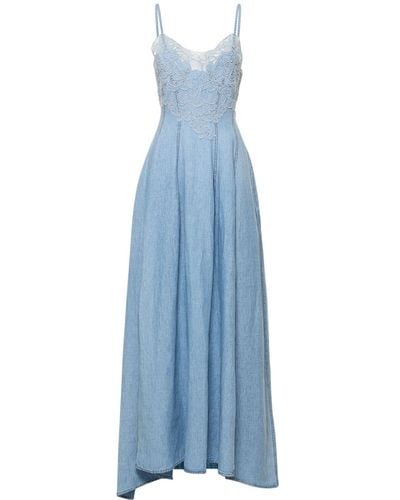 Ermanno Scervino Robe longue brodée en coton et lin - Bleu