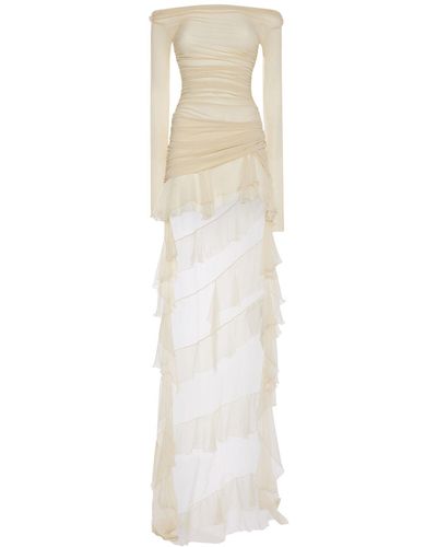 Blumarine Ruffled Chiffon Off-The-Shoulder Dress - White