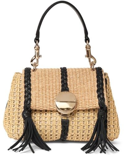 Chloé Penelope Woven Top Handle Bag W/leather - Natural